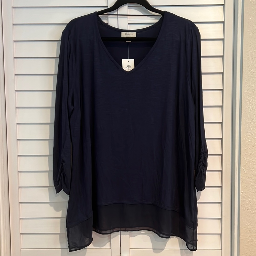 NWT Style & Co. Jersey Knit ruched 3/4 sleeve, chiffon bottom tunic top.